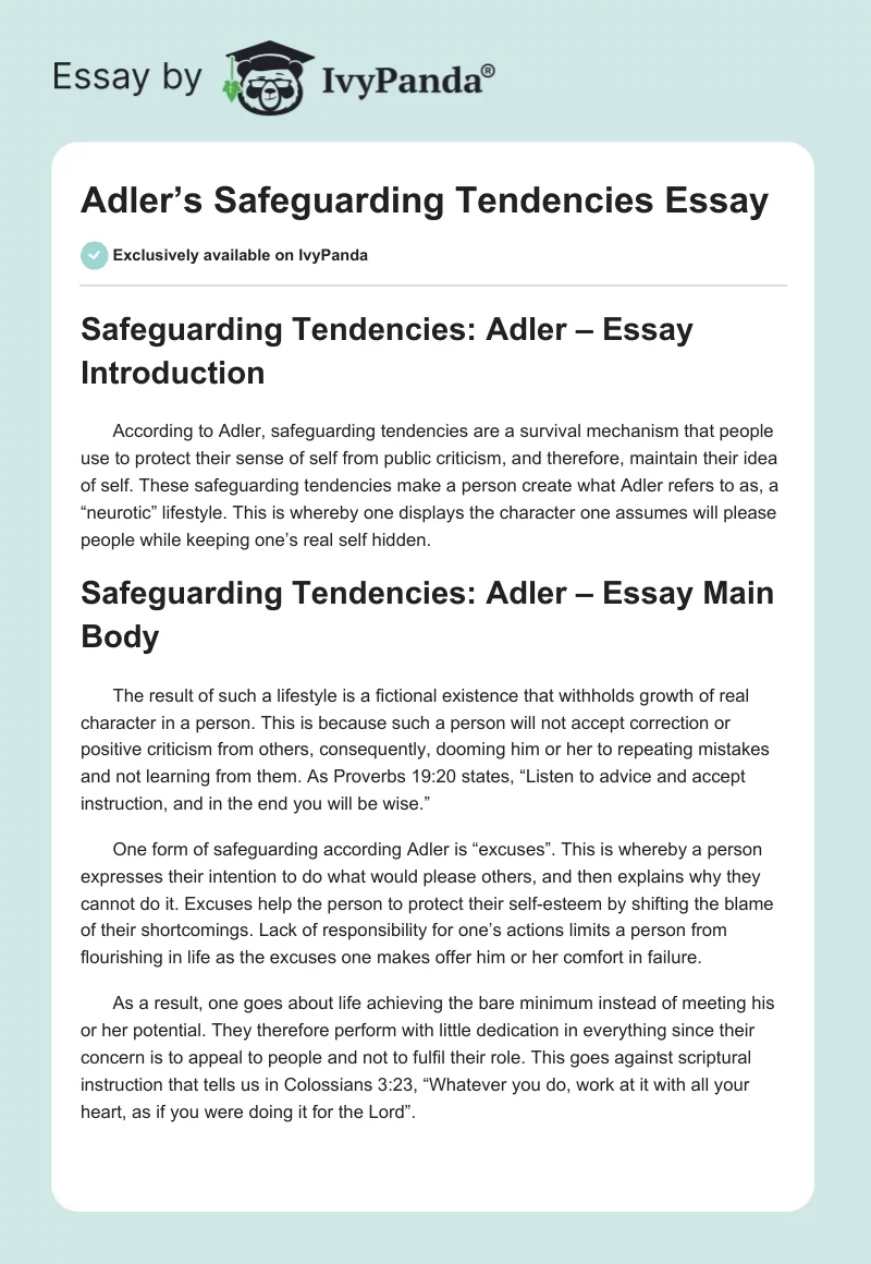 Adler’s Safeguarding Tendencies Essay. Page 1