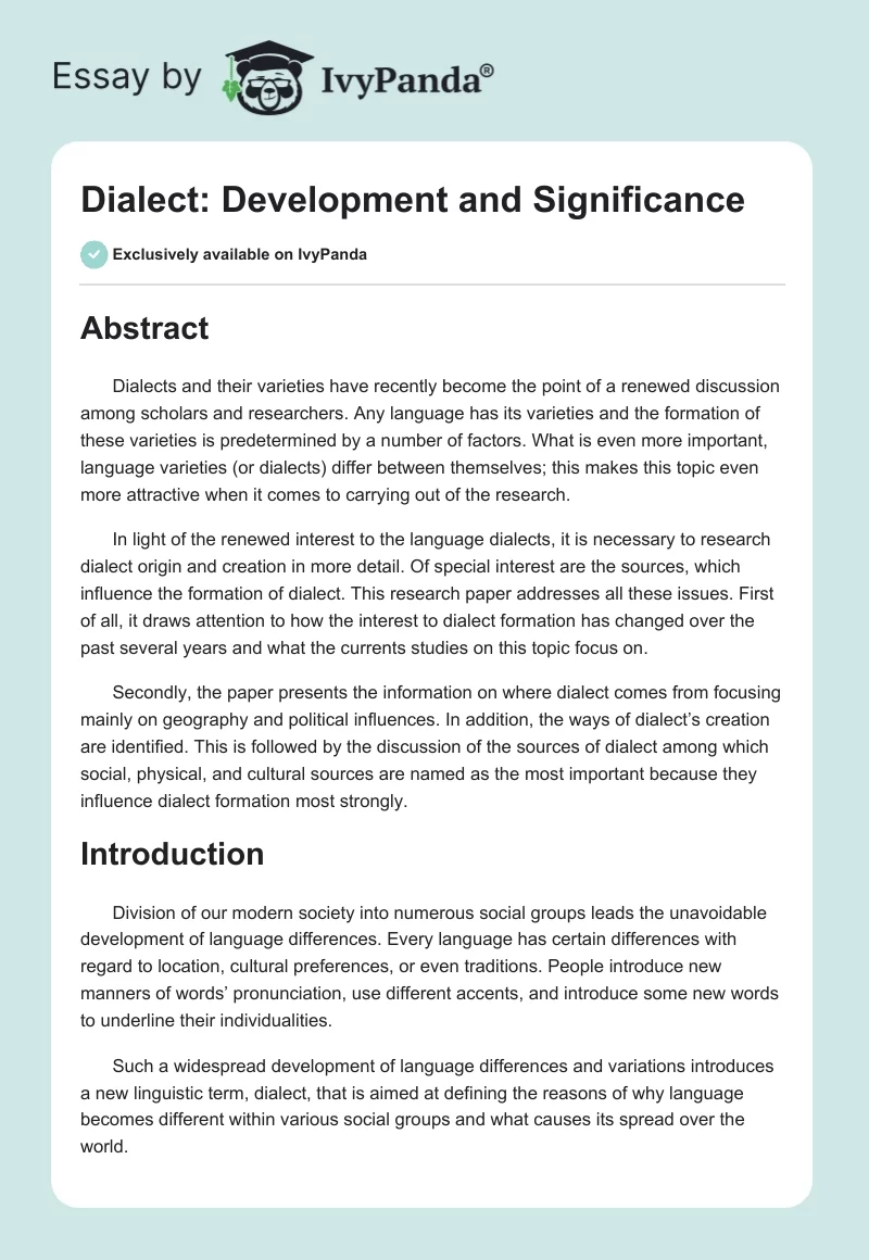Dialect: Development and Significance. Page 1
