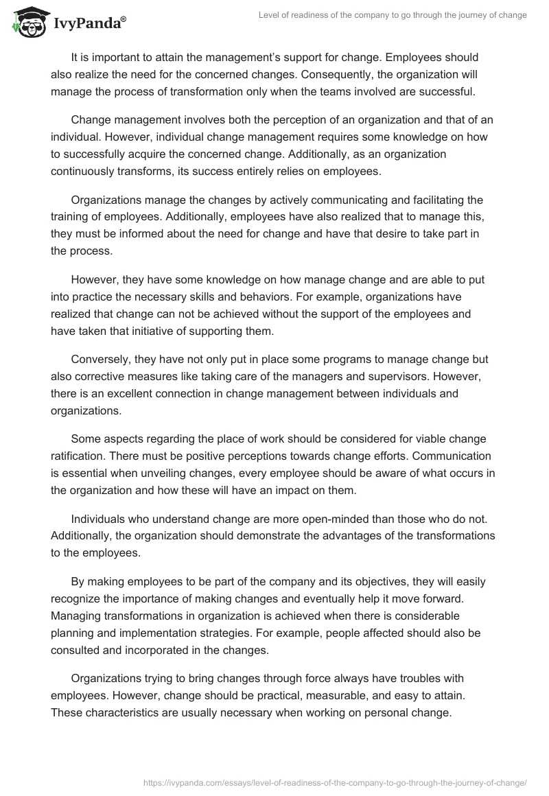 Level of readiness of the company to go through the journey of change. Page 4