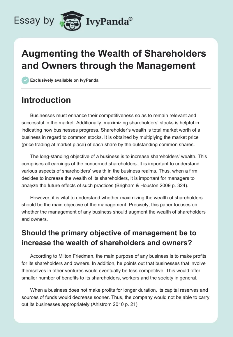 Augmenting the Wealth of Shareholders and Owners Through the Management. Page 1