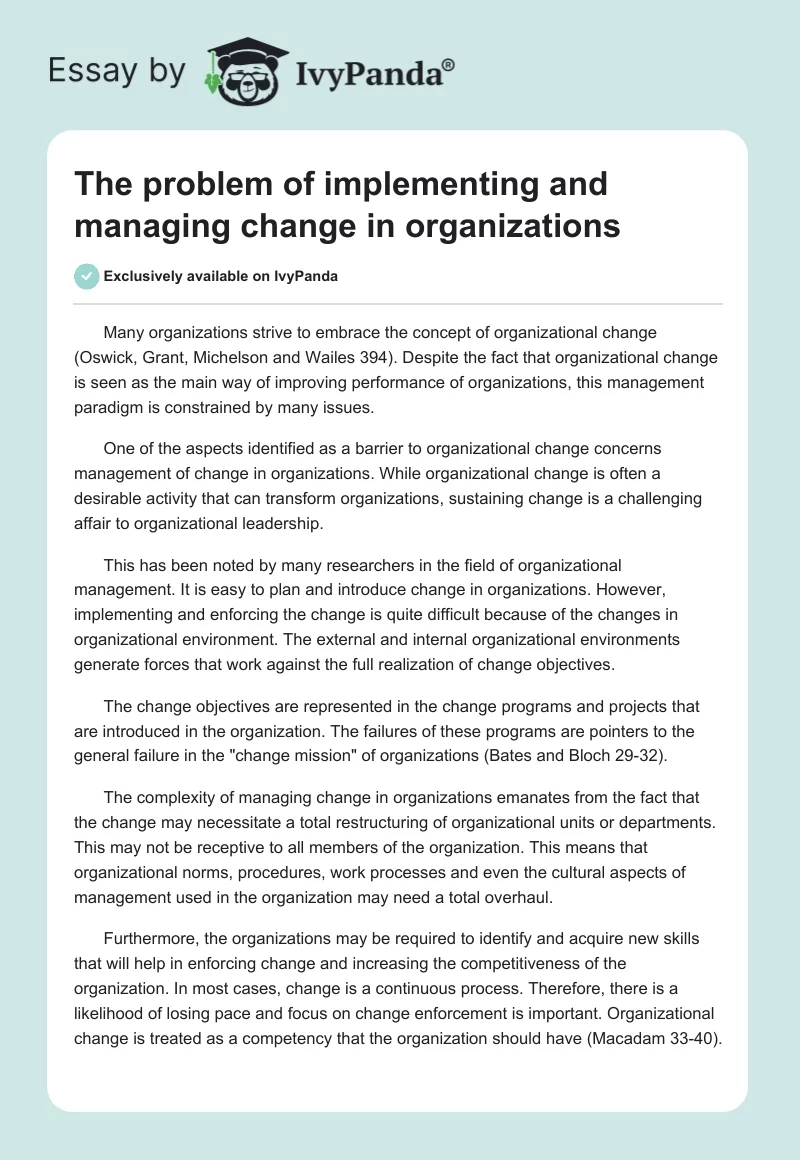 The problem of implementing and managing change in organizations. Page 1