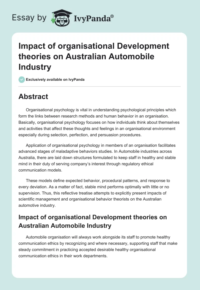 Impact of Organisational Development Theories on Australian Automobile Industry. Page 1