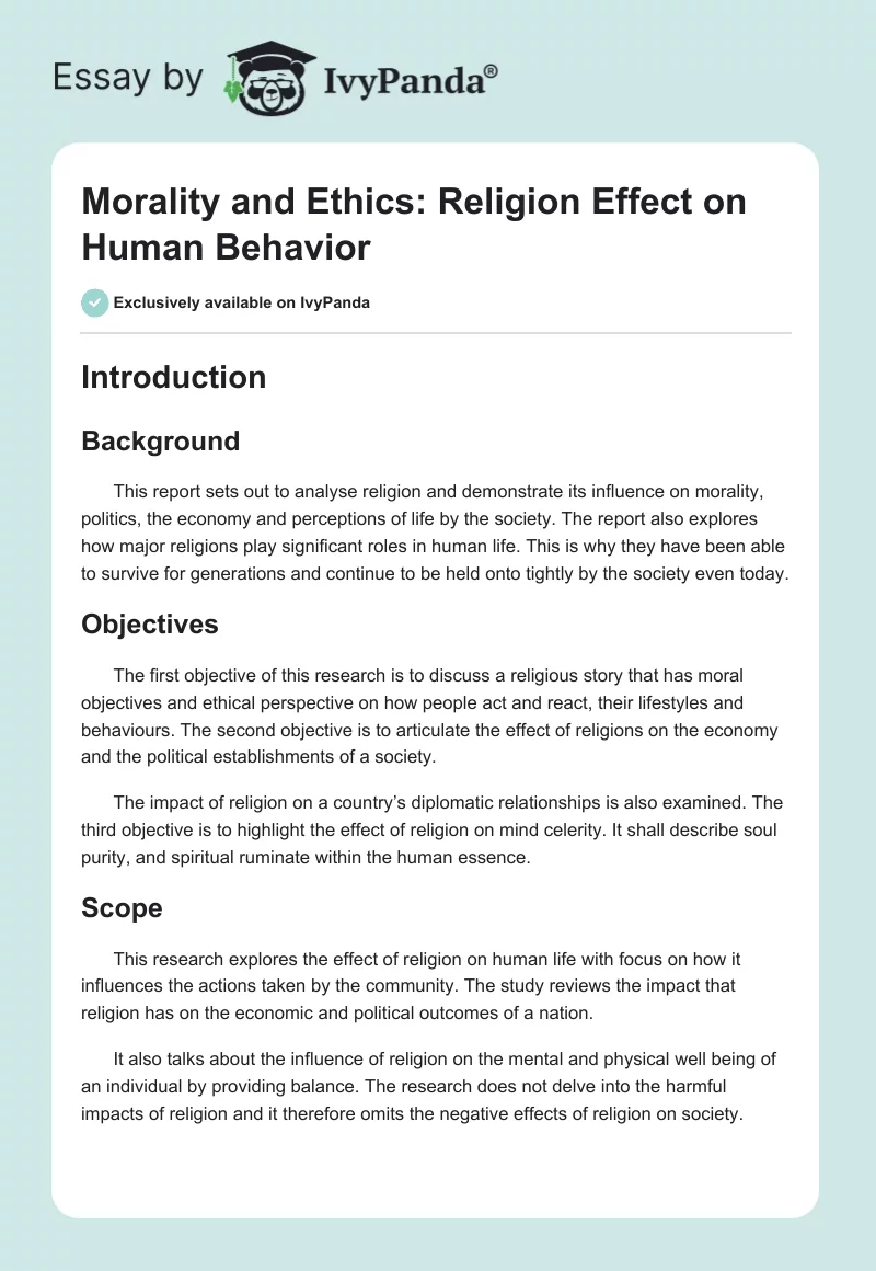 Morality and Ethics: Religion Effect on Human Behavior. Page 1