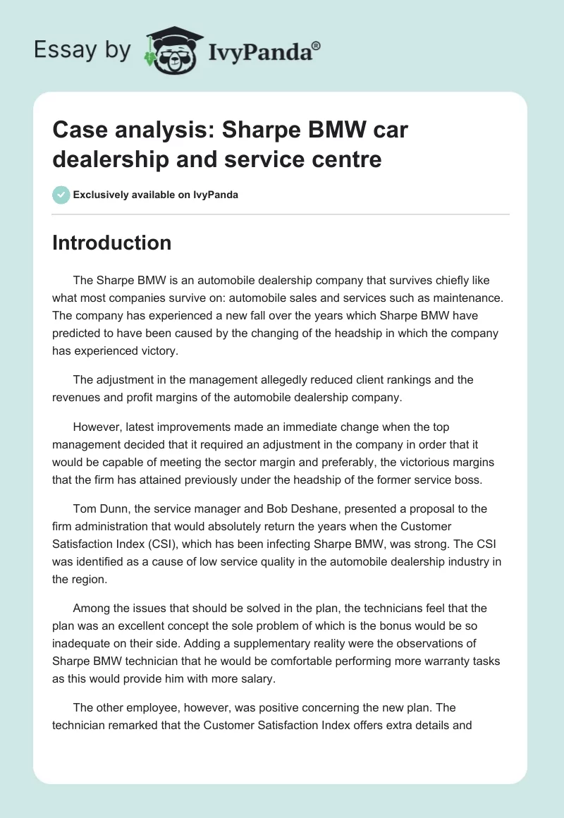Case Analysis: Sharpe BMW Car Dealership and Service Centre. Page 1
