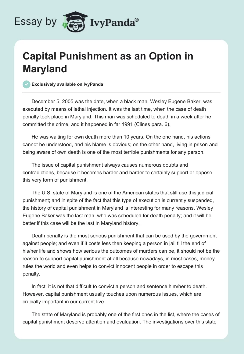 Capital Punishment as an Option in Maryland. Page 1