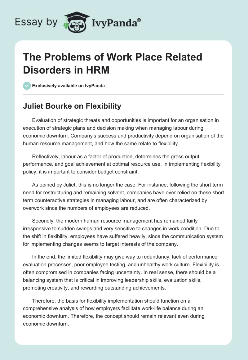 The Problems of Work Place Related Disorders in HRM. Page 1
