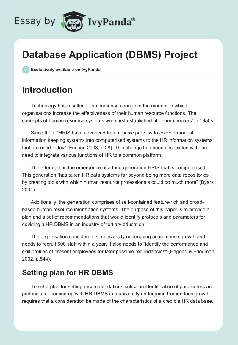 Database Application (DBMS) Project. Page 1