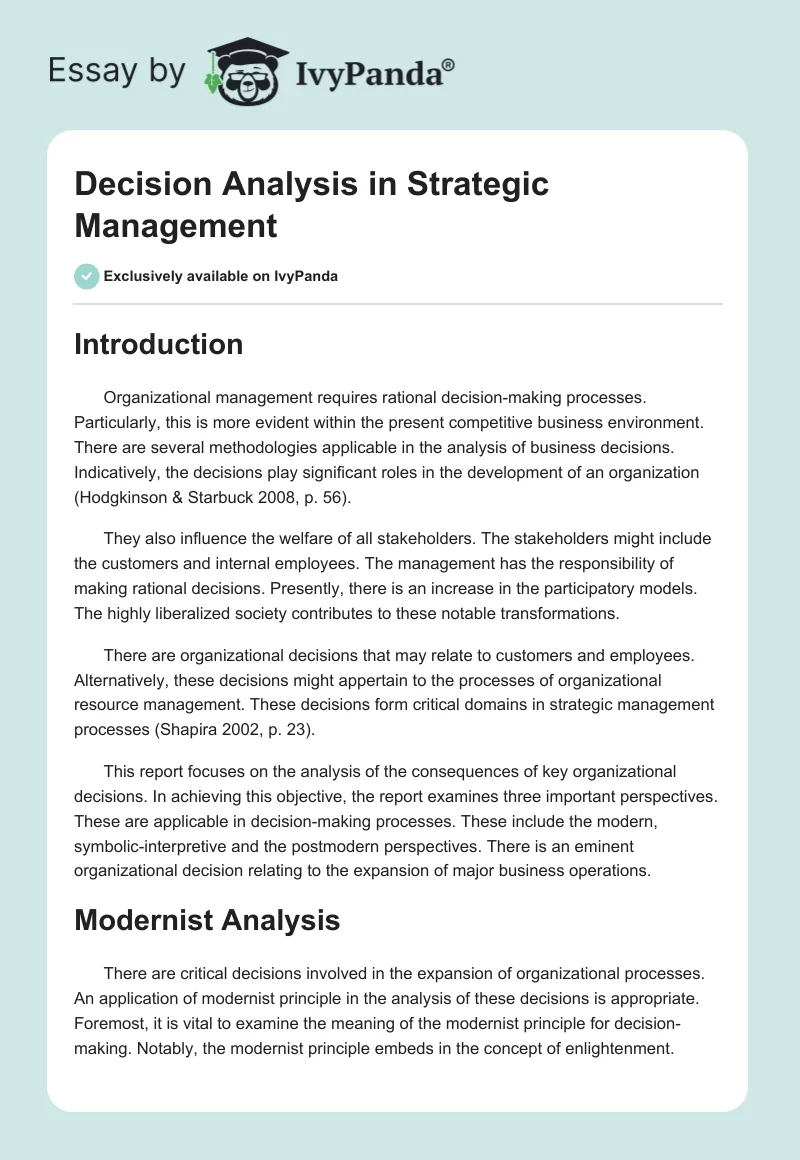 Decision Analysis in Strategic Management. Page 1