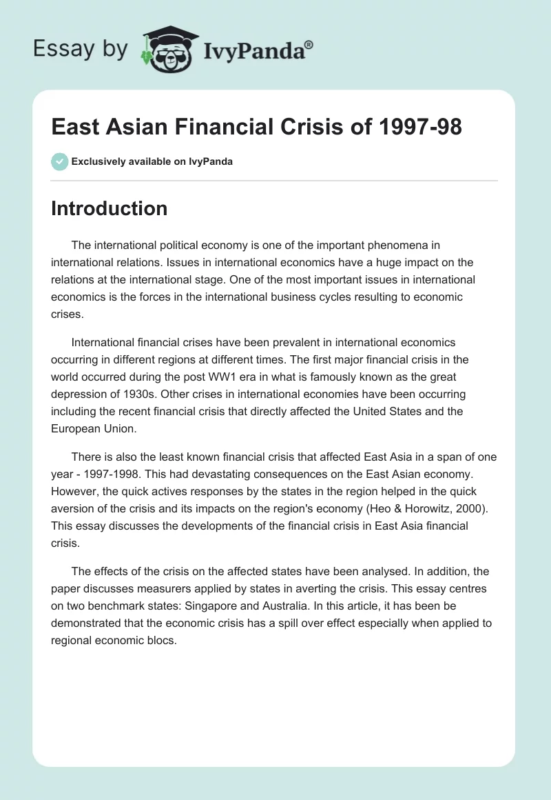 East Asian Financial Crisis of 1997-98. Page 1