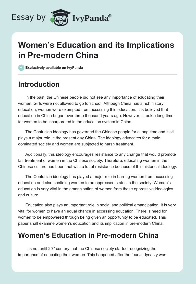 Women’s Education and its Implications in Pre-modern China. Page 1