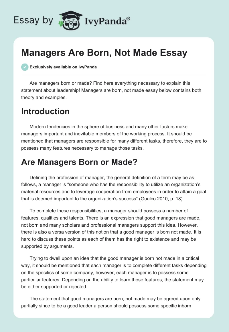 Managers Are Born, Not Made Essay. Page 1