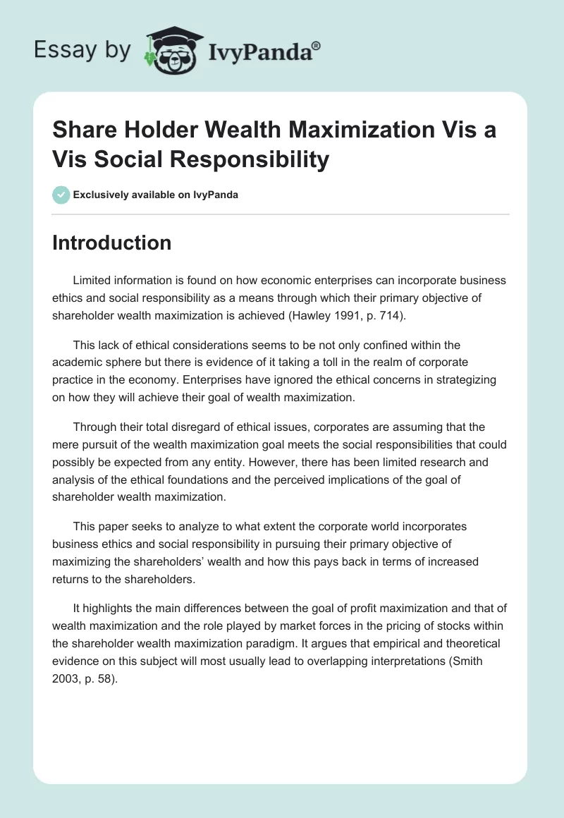 Share Holder Wealth Maximization Vis a Vis Social Responsibility. Page 1