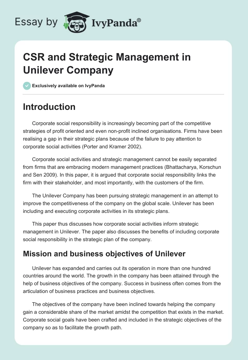 CSR and Strategic Management in Unilever Company. Page 1