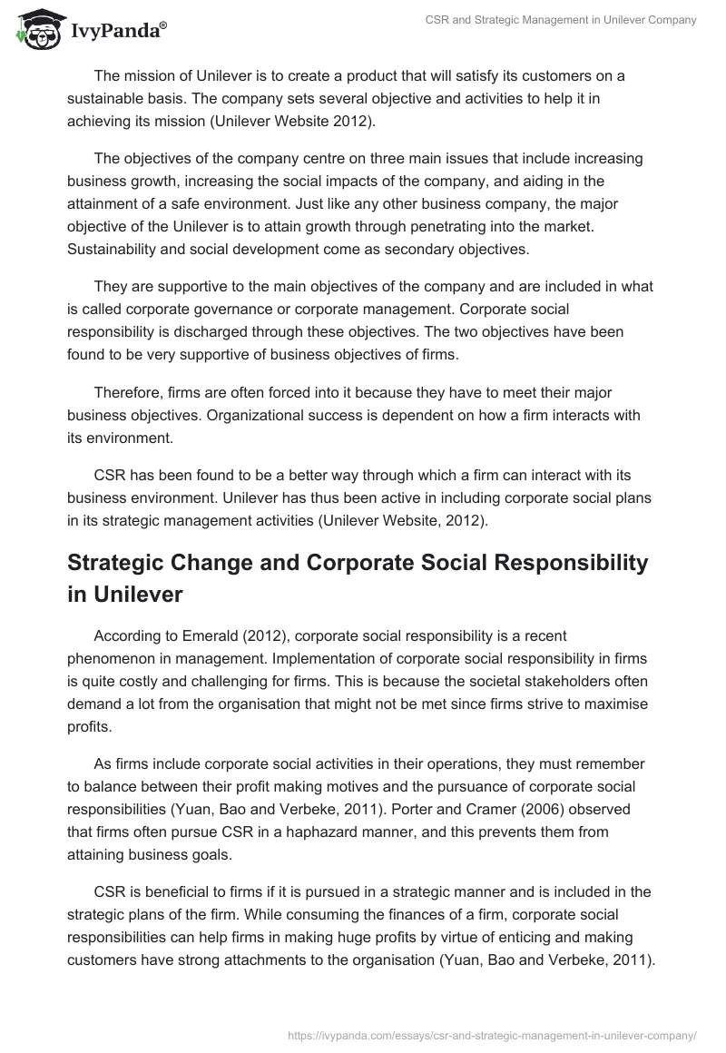 CSR and Strategic Management in Unilever Company. Page 2