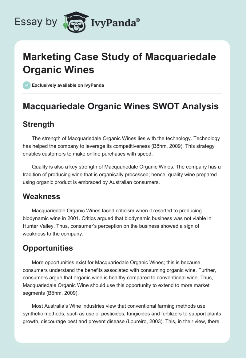 Marketing Case Study of Macquariedale Organic Wines. Page 1
