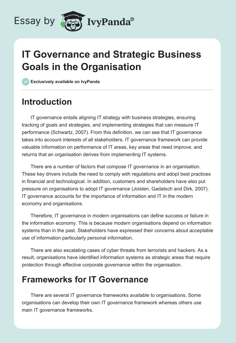 IT Governance and Strategic Business Goals in the Organisation. Page 1