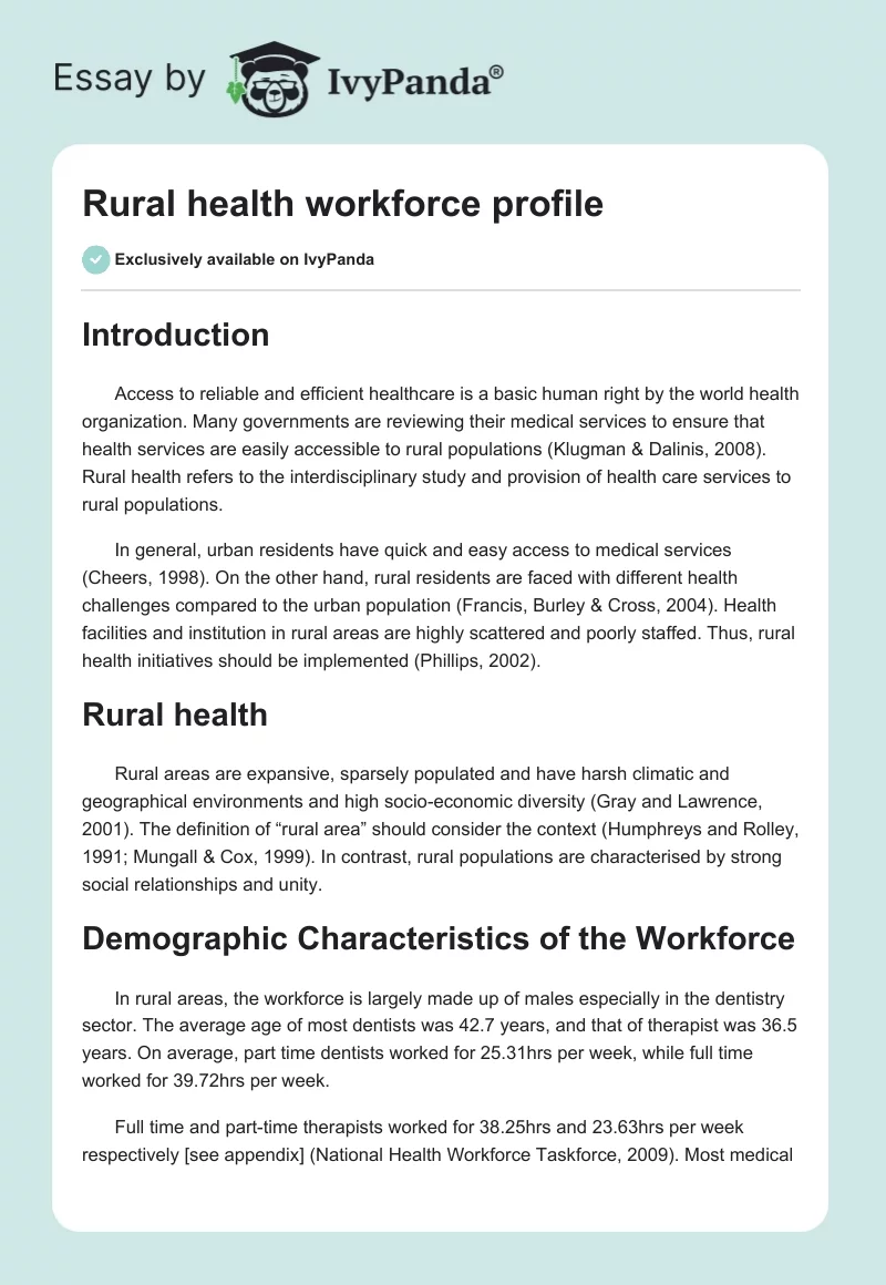 Rural Health Workforce Profile. Page 1