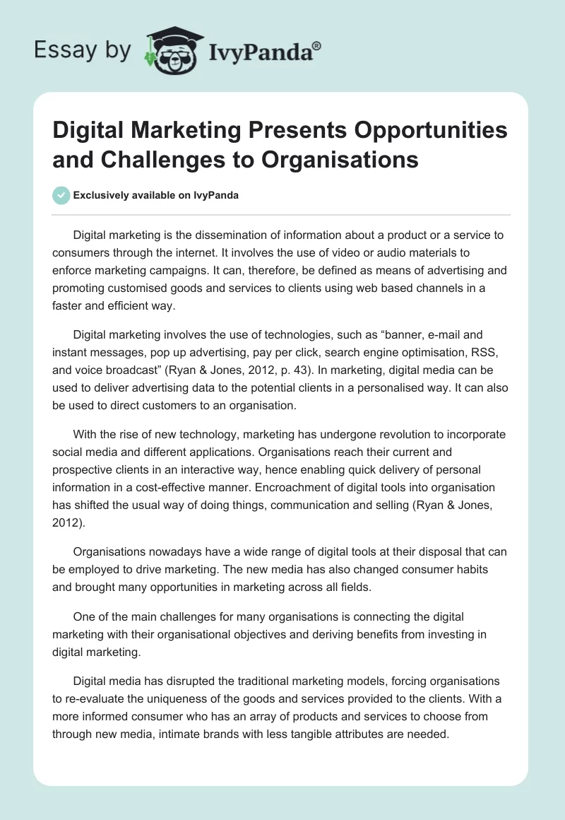 Digital Marketing Presents Opportunities and Challenges to Organisations. Page 1