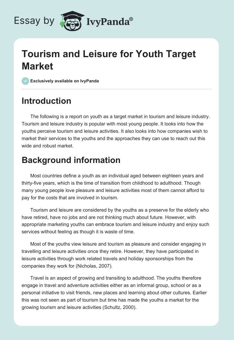 Tourism and Leisure for Youth Target Market. Page 1