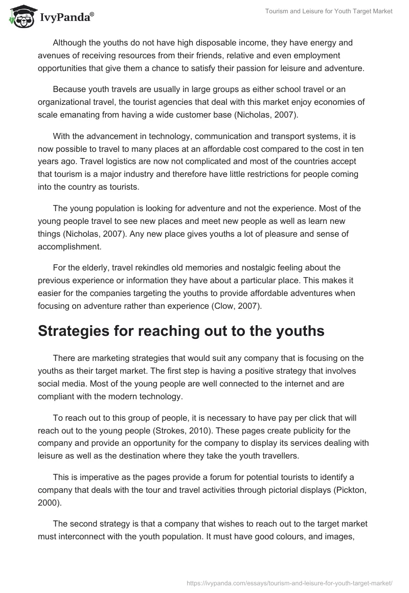 Tourism and Leisure for Youth Target Market. Page 2