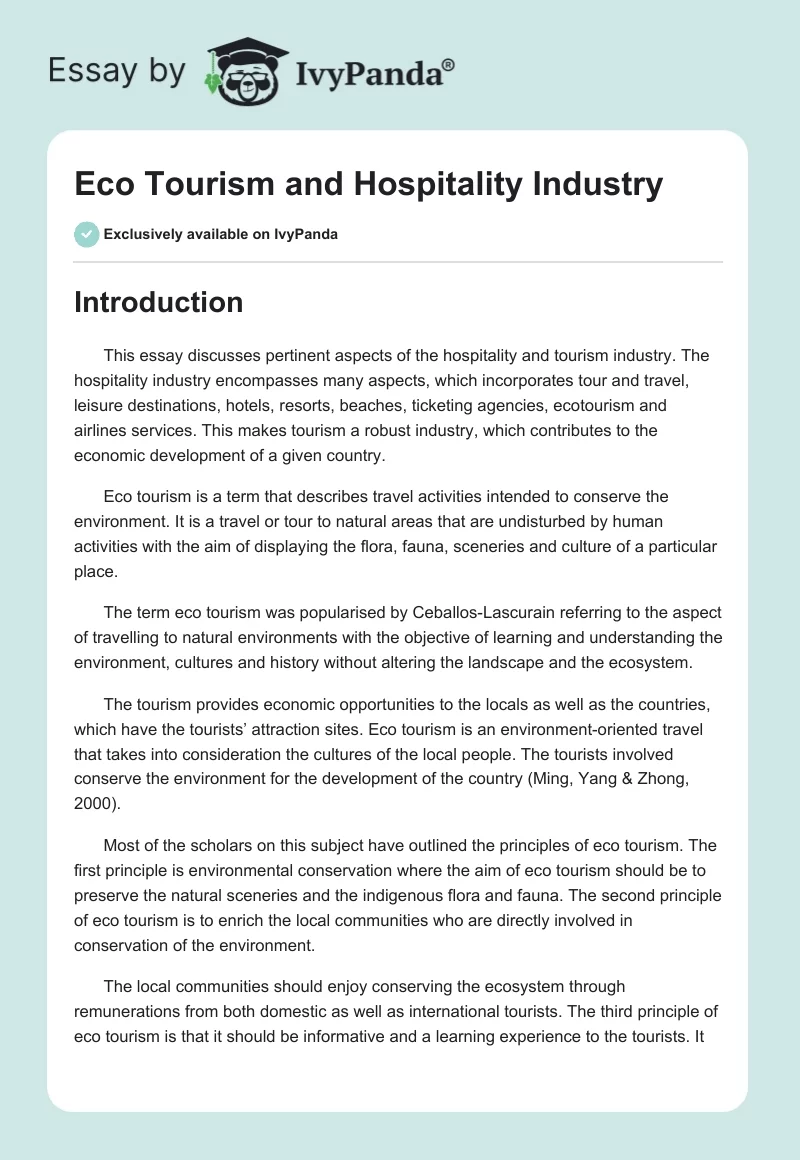 Eco Tourism and Hospitality Industry. Page 1