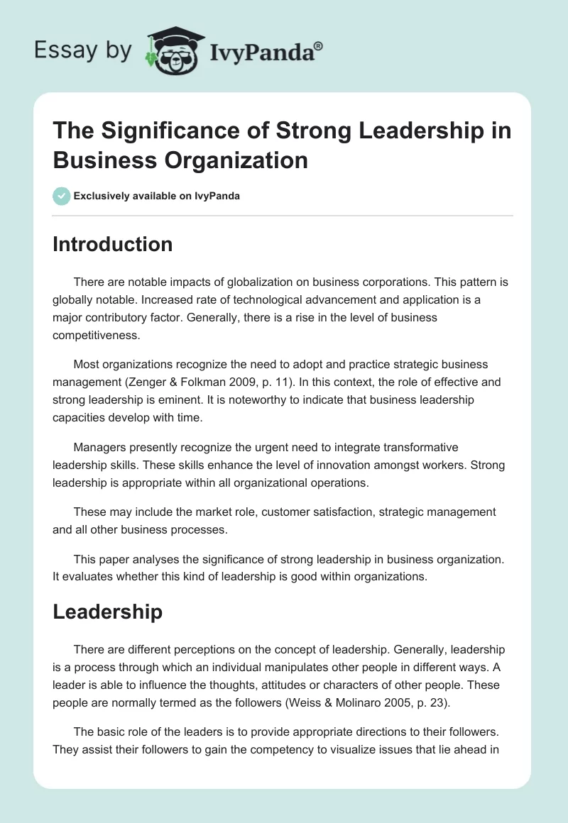 The Significance of Strong Leadership in Business Organization. Page 1