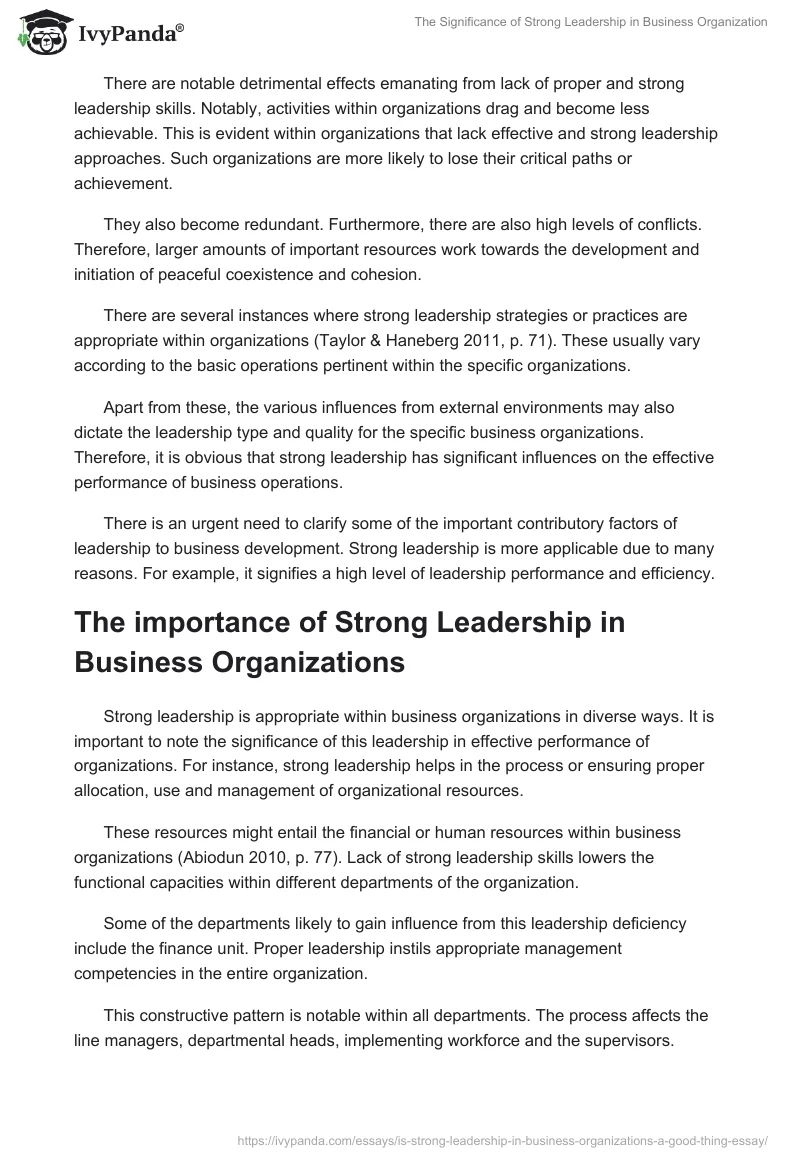 The Significance of Strong Leadership in Business Organization. Page 5