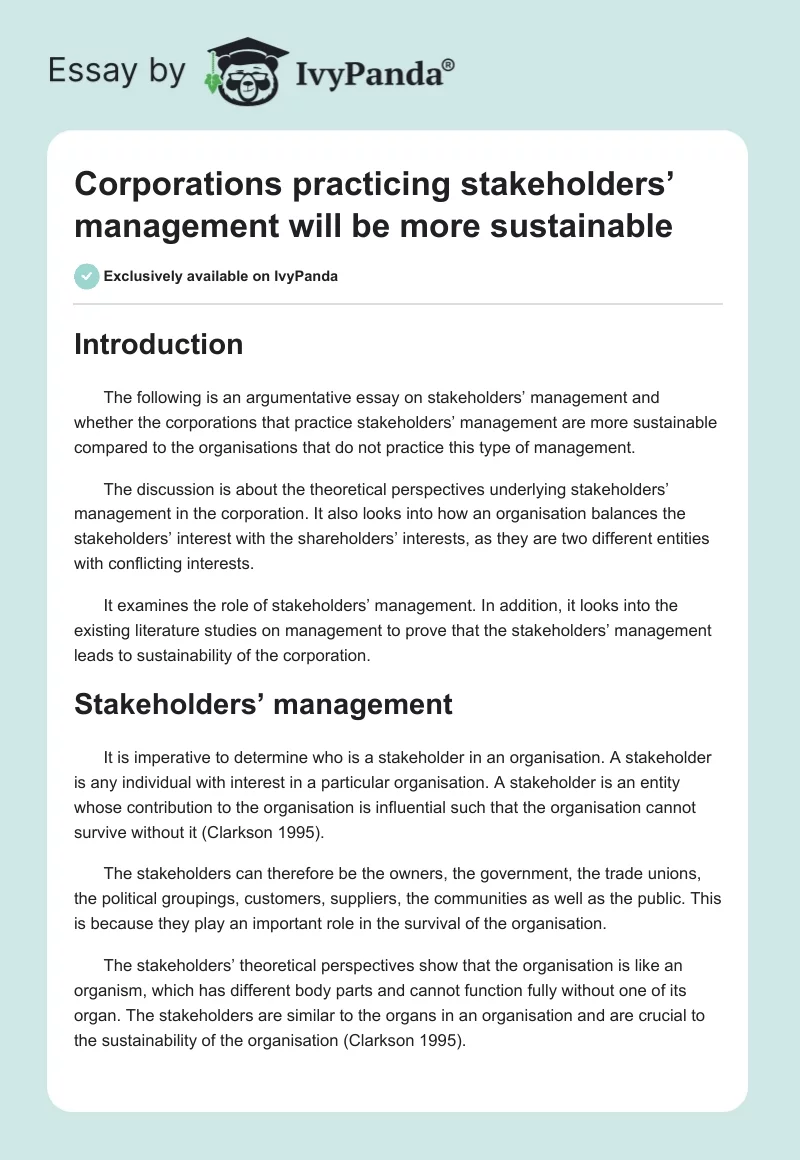Corporations Practicing Stakeholders’ Management Will Be More Sustainable. Page 1