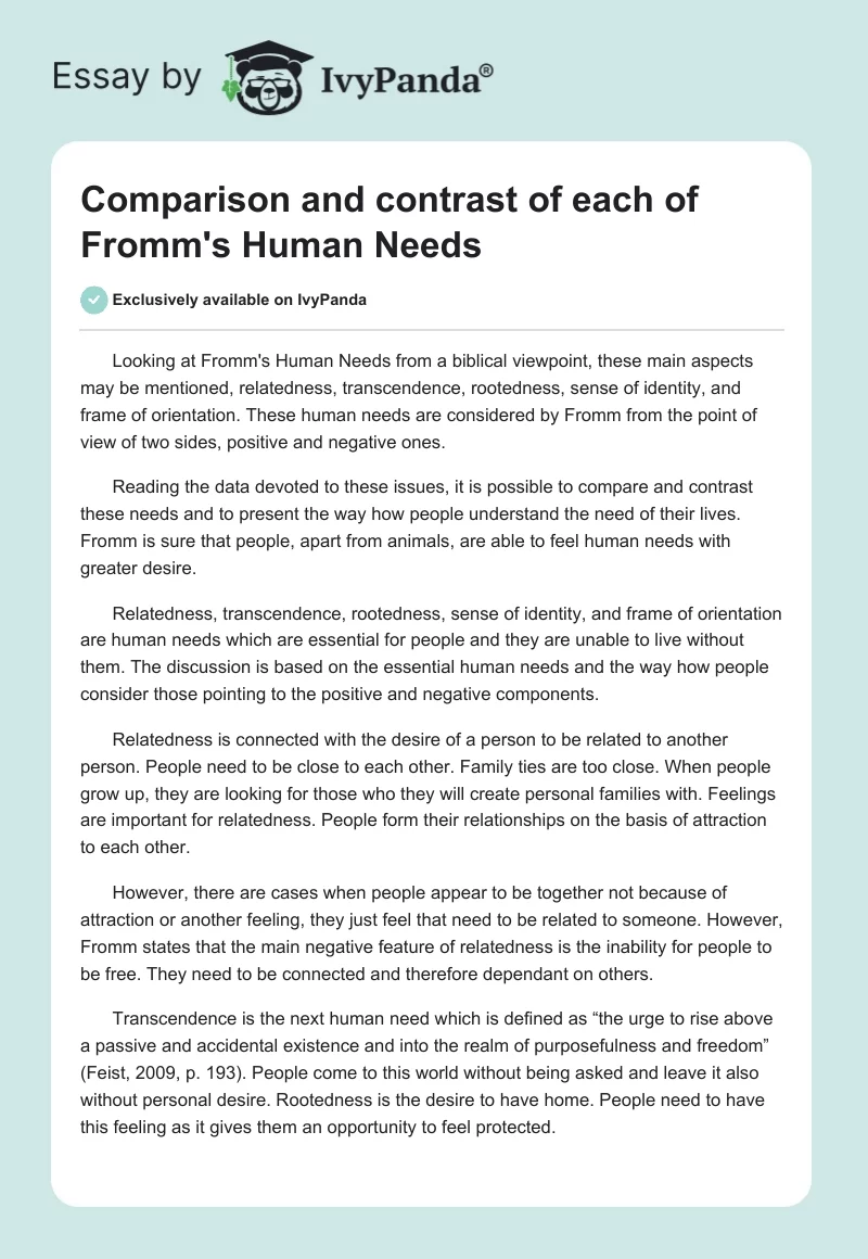 Comparison and contrast of each of Fromm's Human Needs. Page 1