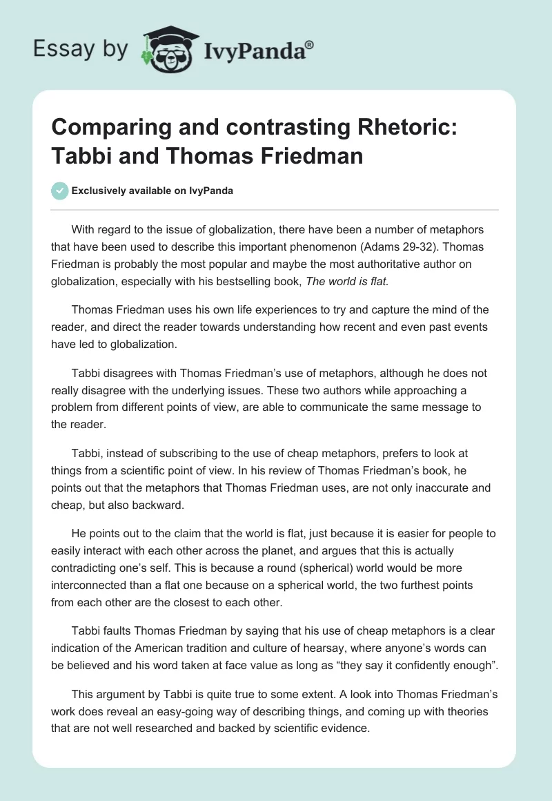 Comparing and contrasting Rhetoric: Tabbi and Thomas Friedman. Page 1