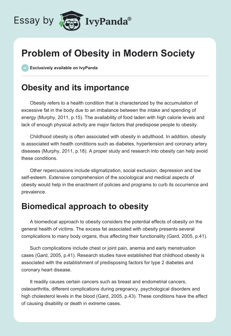 Problem of Obesity in Modern Society. Page 1