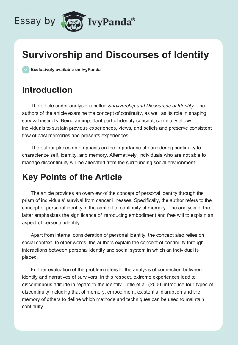Survivorship and Discourses of Identity. Page 1