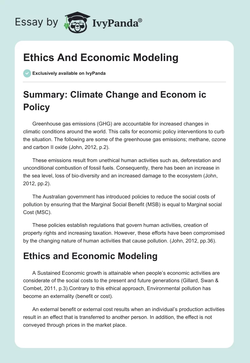 Ethics And Economic Modeling. Page 1