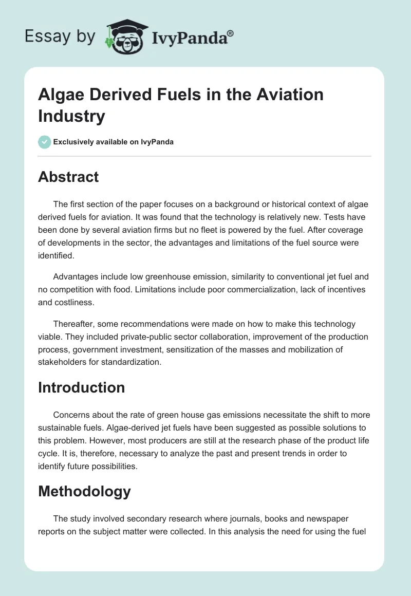 Algae Derived Fuels in the Aviation Industry. Page 1