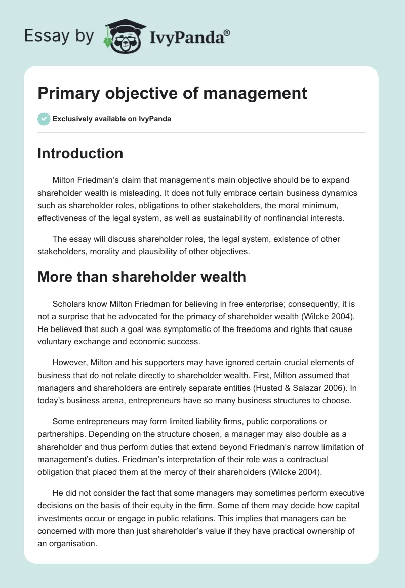 Primary objective of management. Page 1