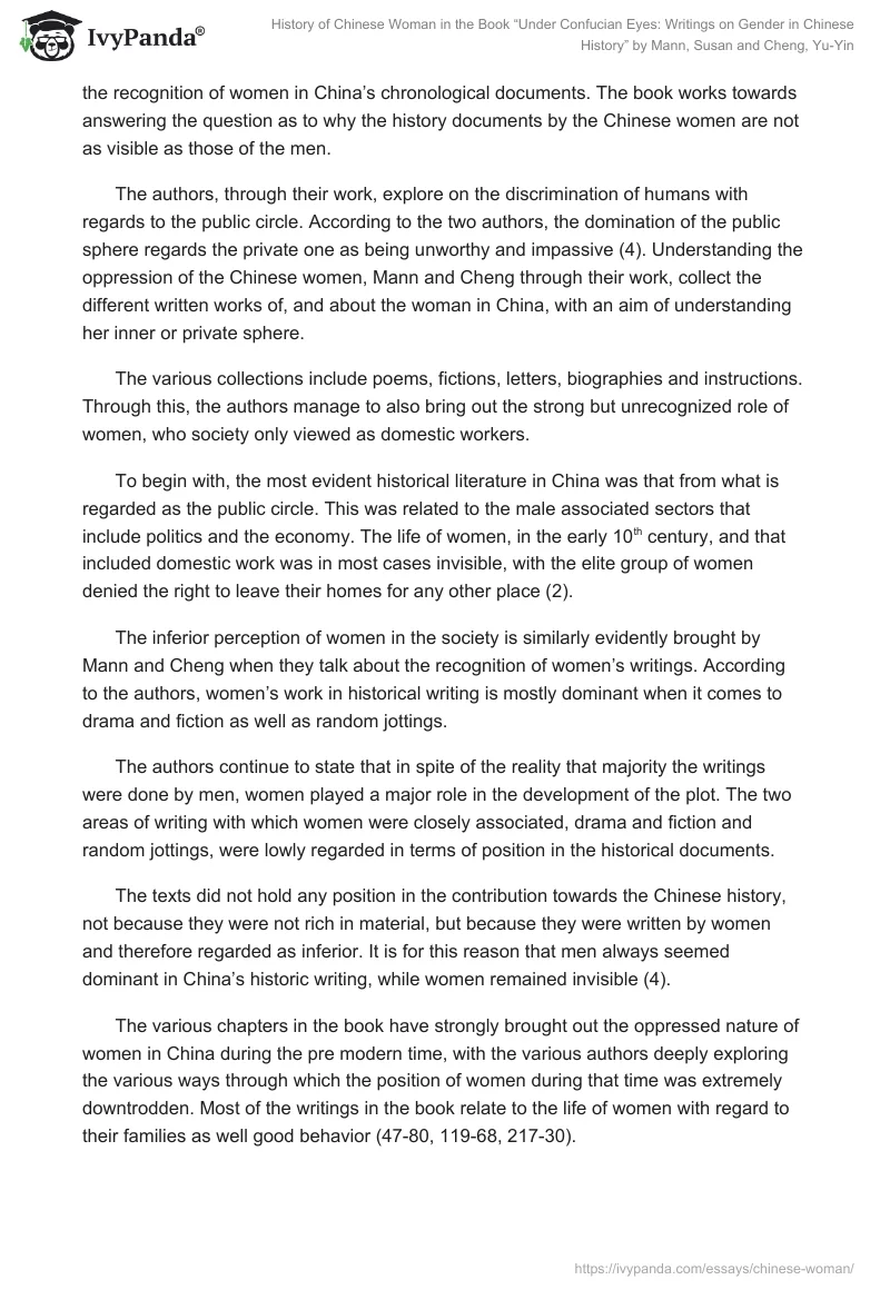 History of Chinese Woman in the Book “Under Confucian Eyes: Writings on Gender in Chinese History” by Mann, Susan and Cheng, Yu-Yin. Page 3