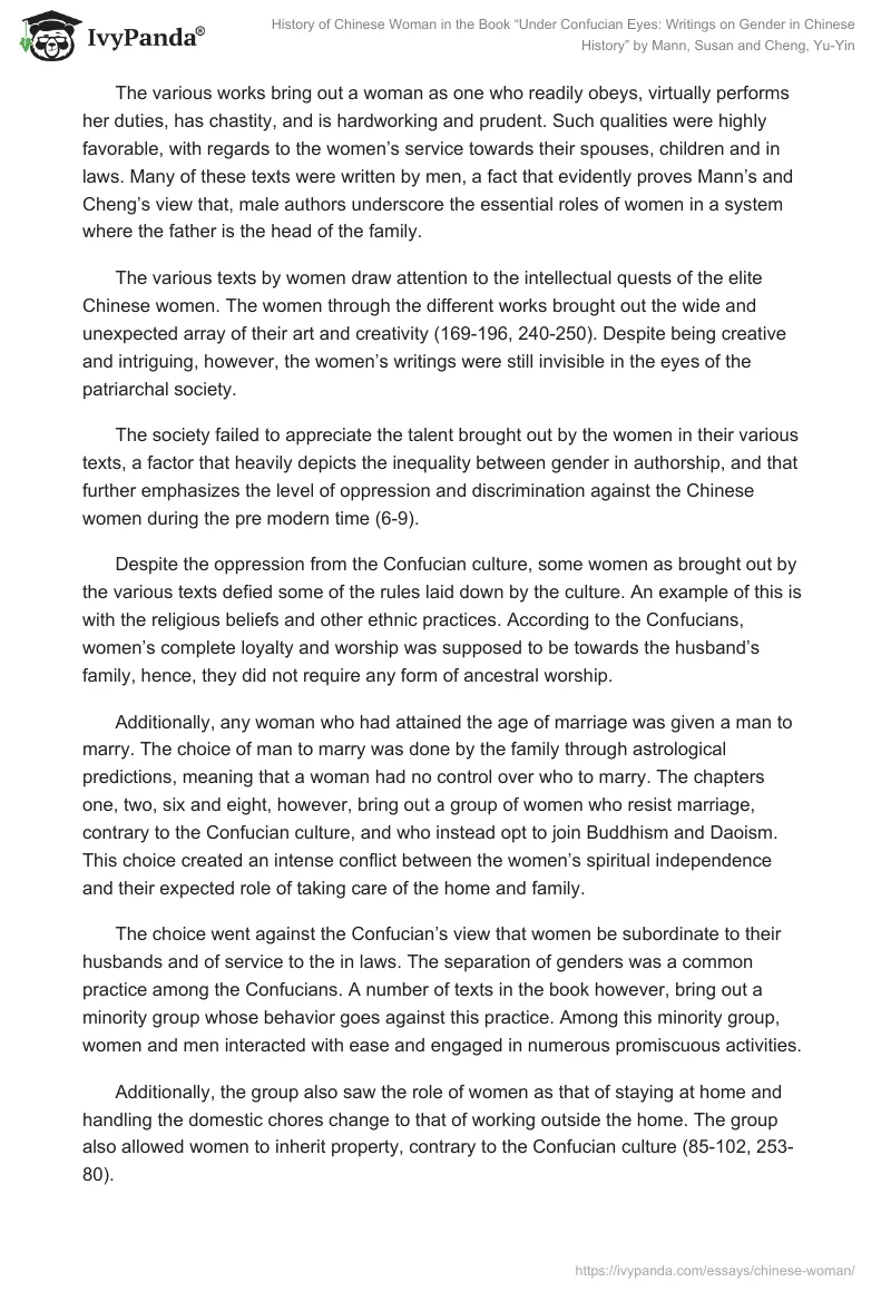History of Chinese Woman in the Book “Under Confucian Eyes: Writings on Gender in Chinese History” by Mann, Susan and Cheng, Yu-Yin. Page 4