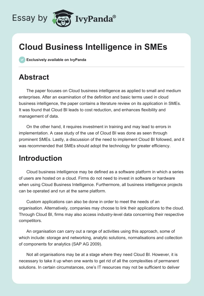 Cloud Business Intelligence in SMEs. Page 1
