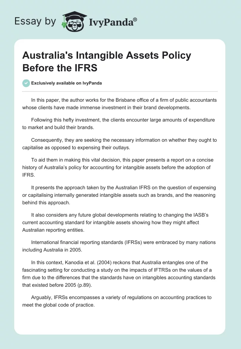 Australia's Intangible Assets Policy Before the IFRS. Page 1