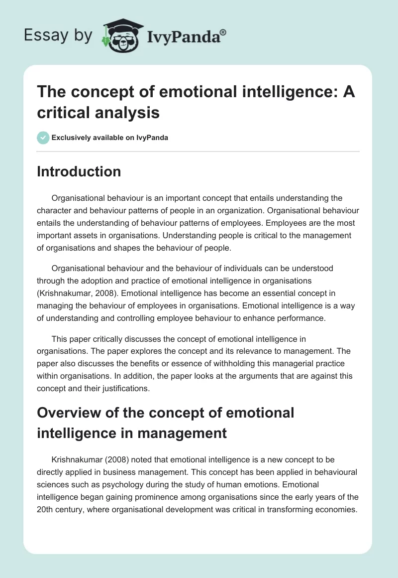 The Concept of Emotional Intelligence: A Critical Analysis. Page 1