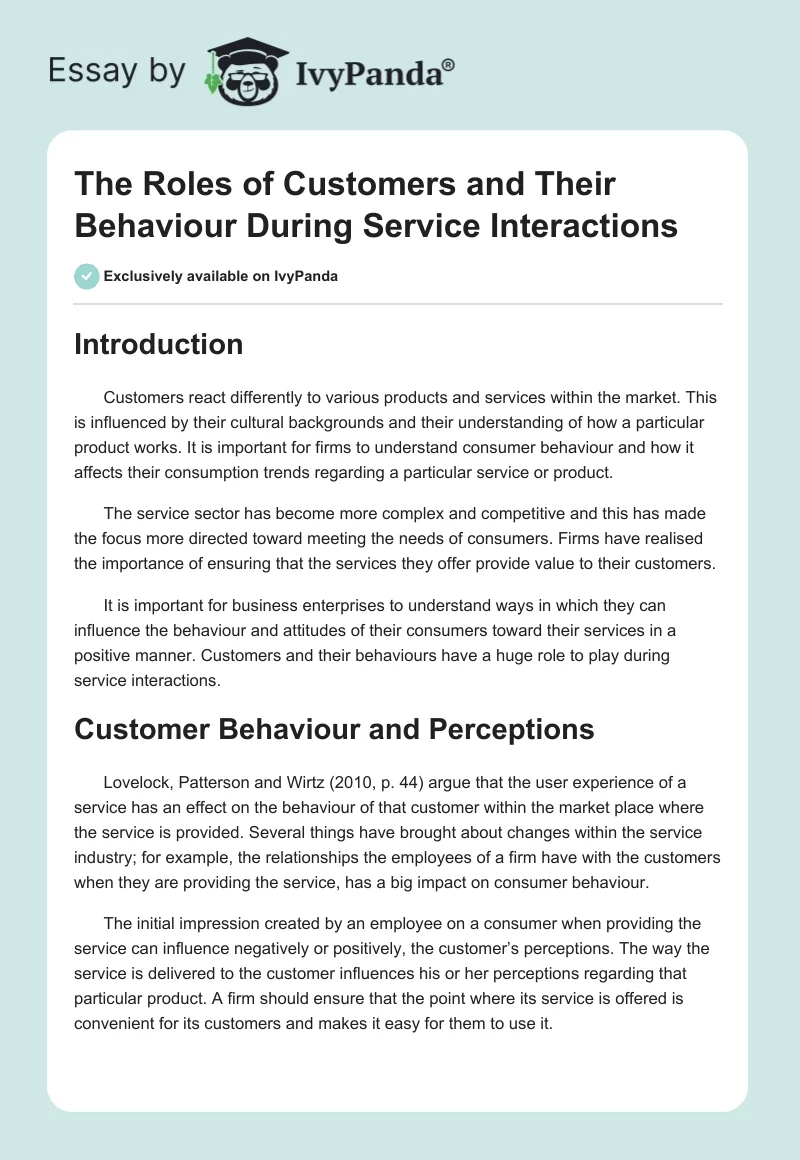 The Roles of Customers and Their Behaviour During Service Interactions. Page 1