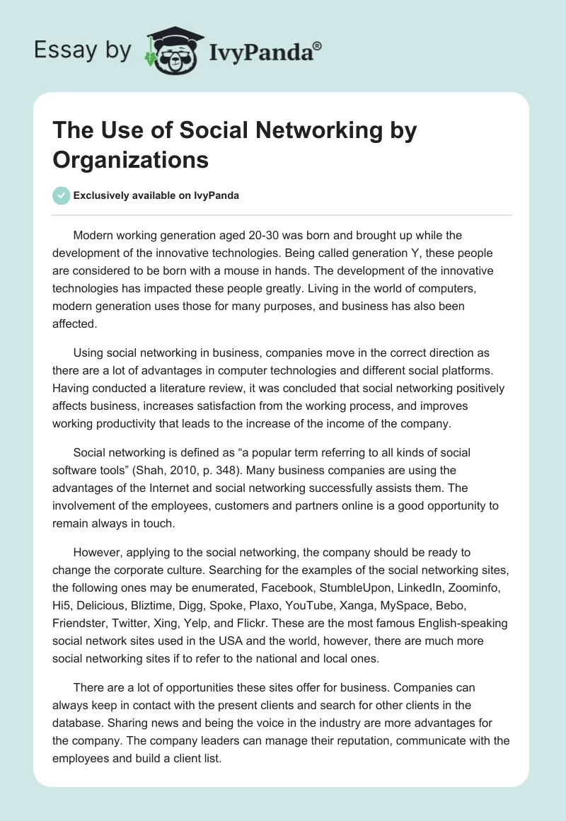The Use of Social Networking by Organizations. Page 1
