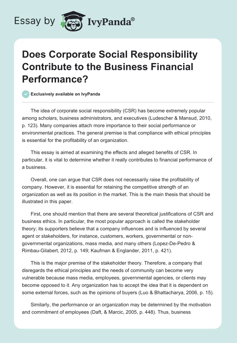 Does Corporate Social Responsibility Contribute to the Business Financial Performance?. Page 1