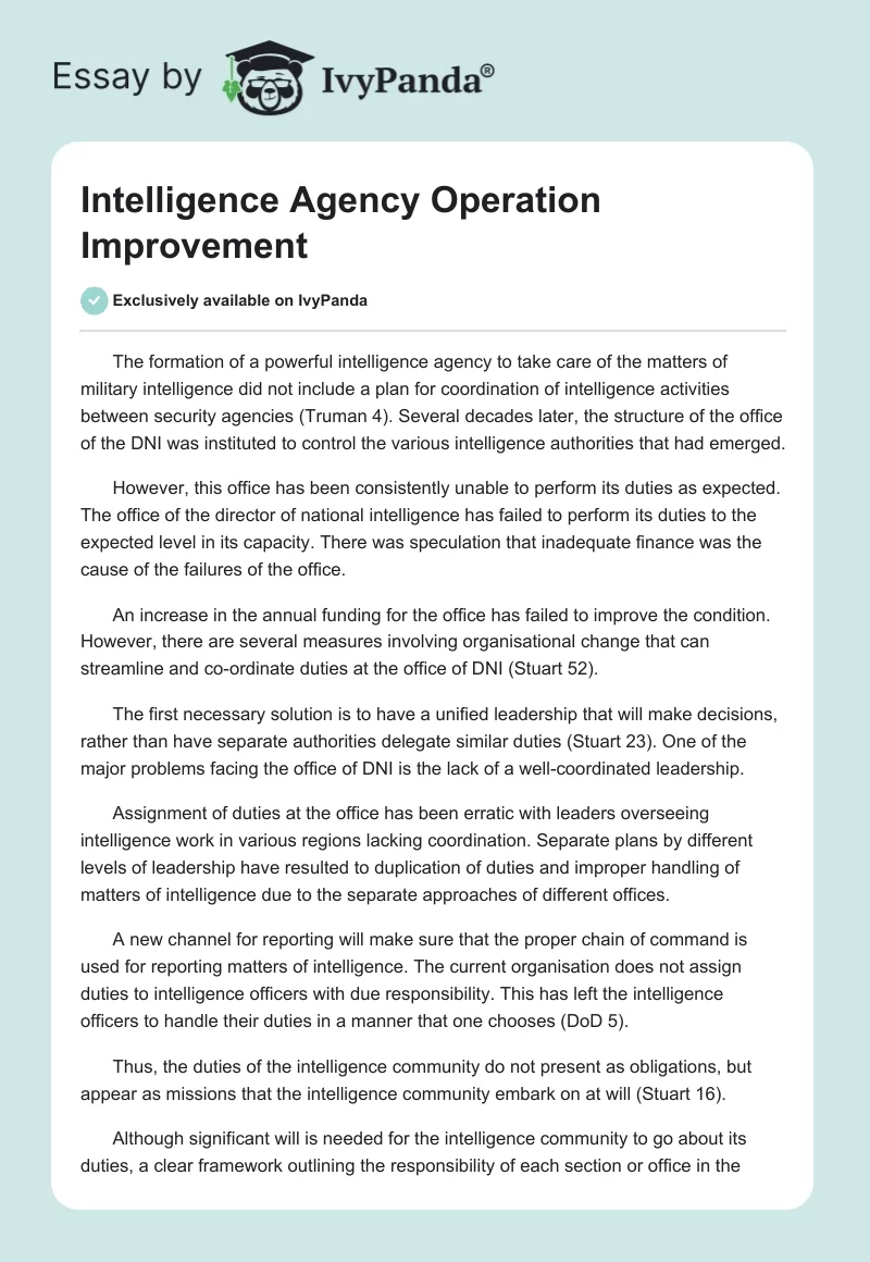 Intelligence Agency Operation Improvement. Page 1