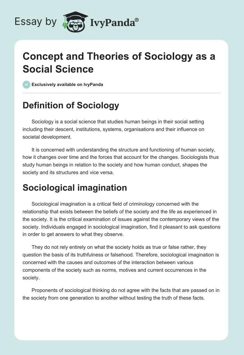 Concept and Theories of Sociology as a Social Science. Page 1