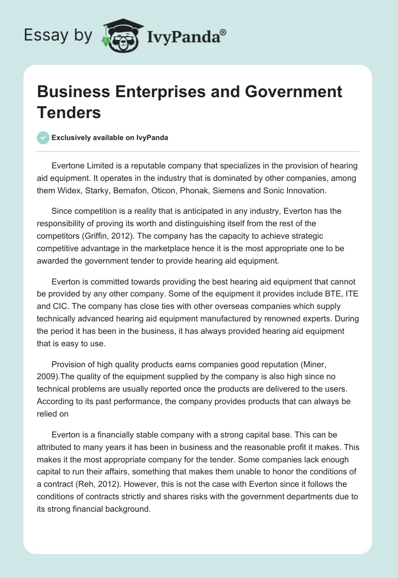 Business Enterprises and Government Tenders. Page 1