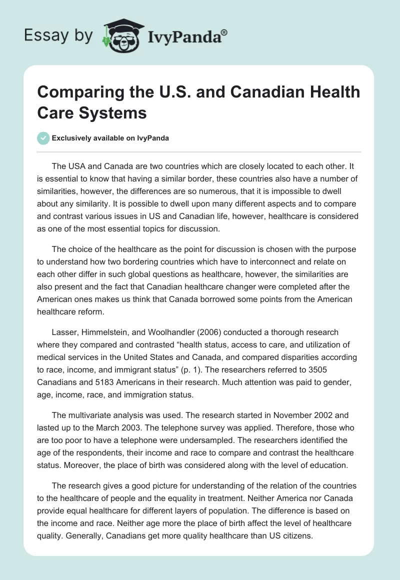Comparing the U.S. and Canadian Health Care Systems. Page 1