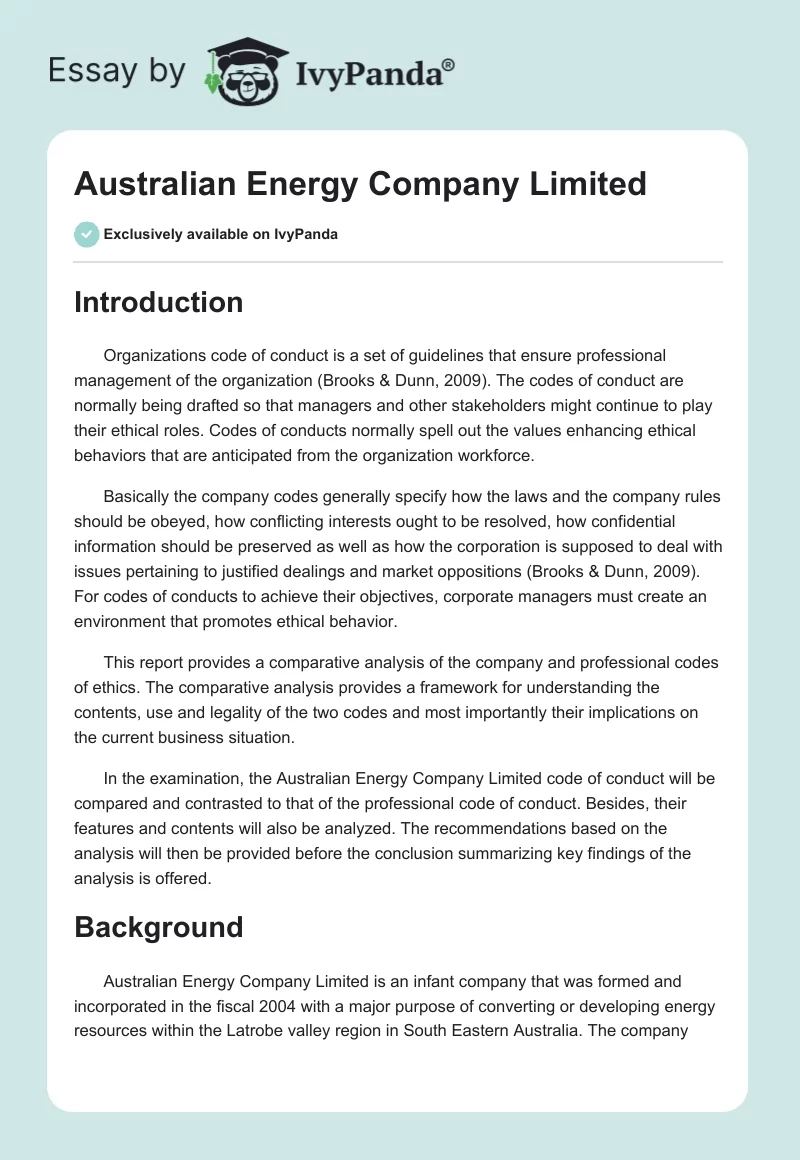 Australian Energy Company Limited. Page 1