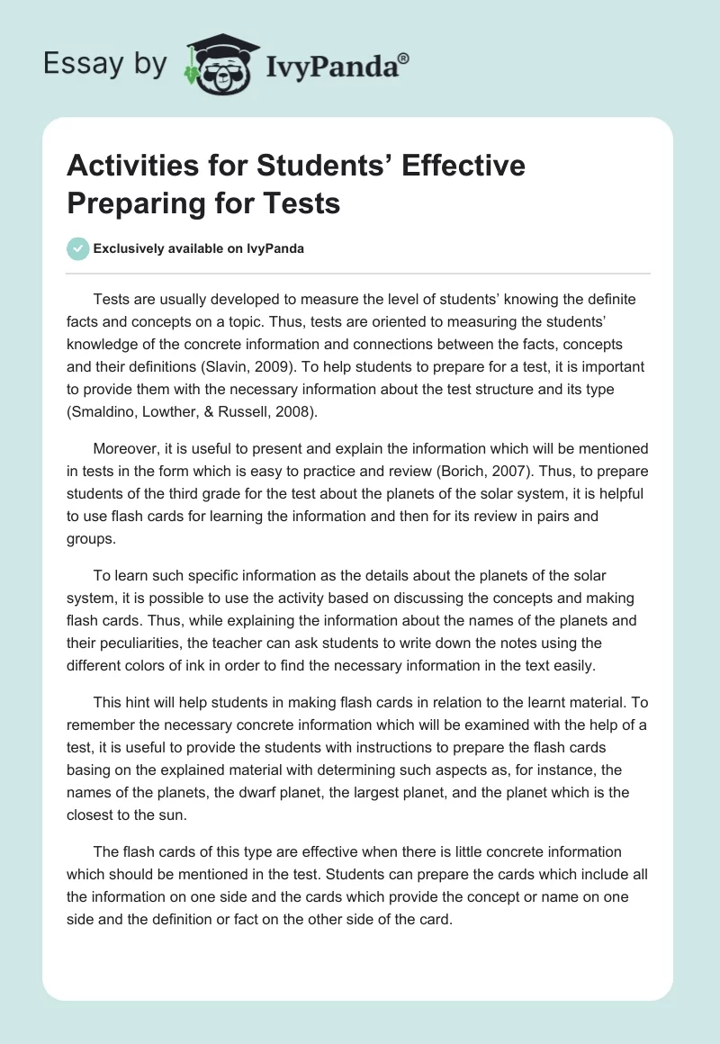 Activities for Students’ Effective Preparing for Tests. Page 1