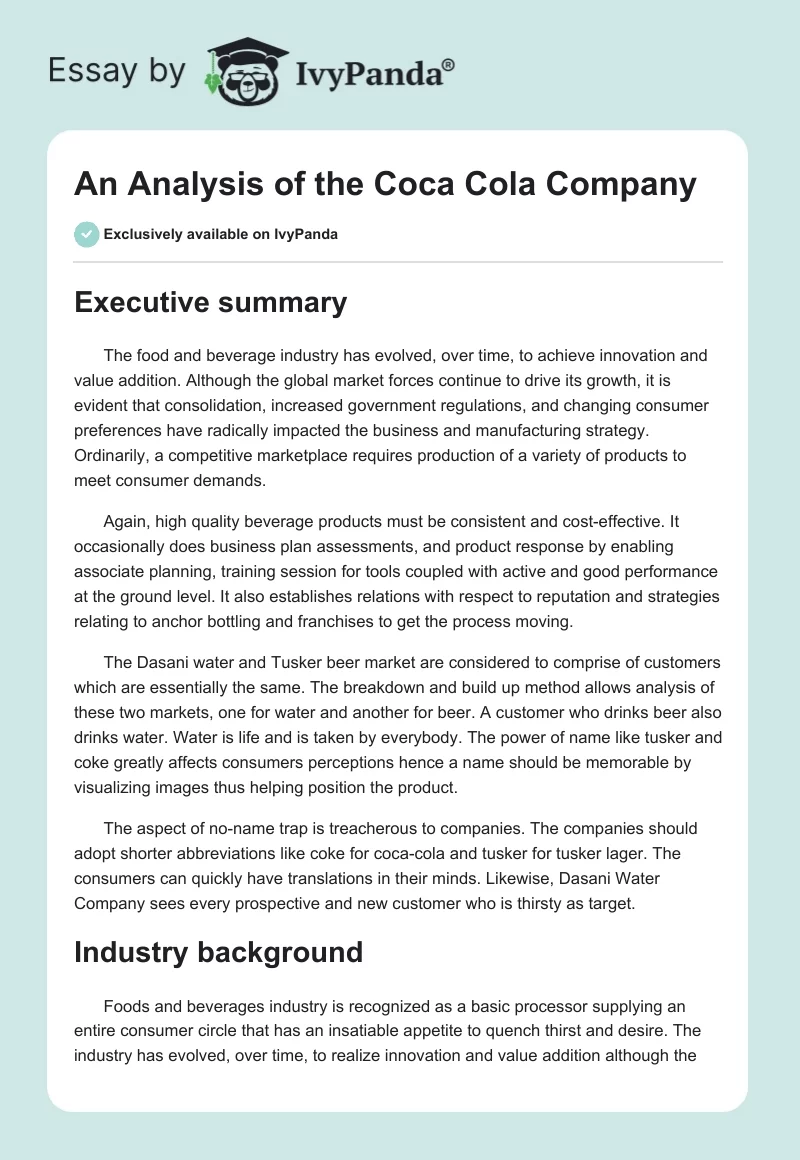 An Analysis of the Coca Cola Company. Page 1